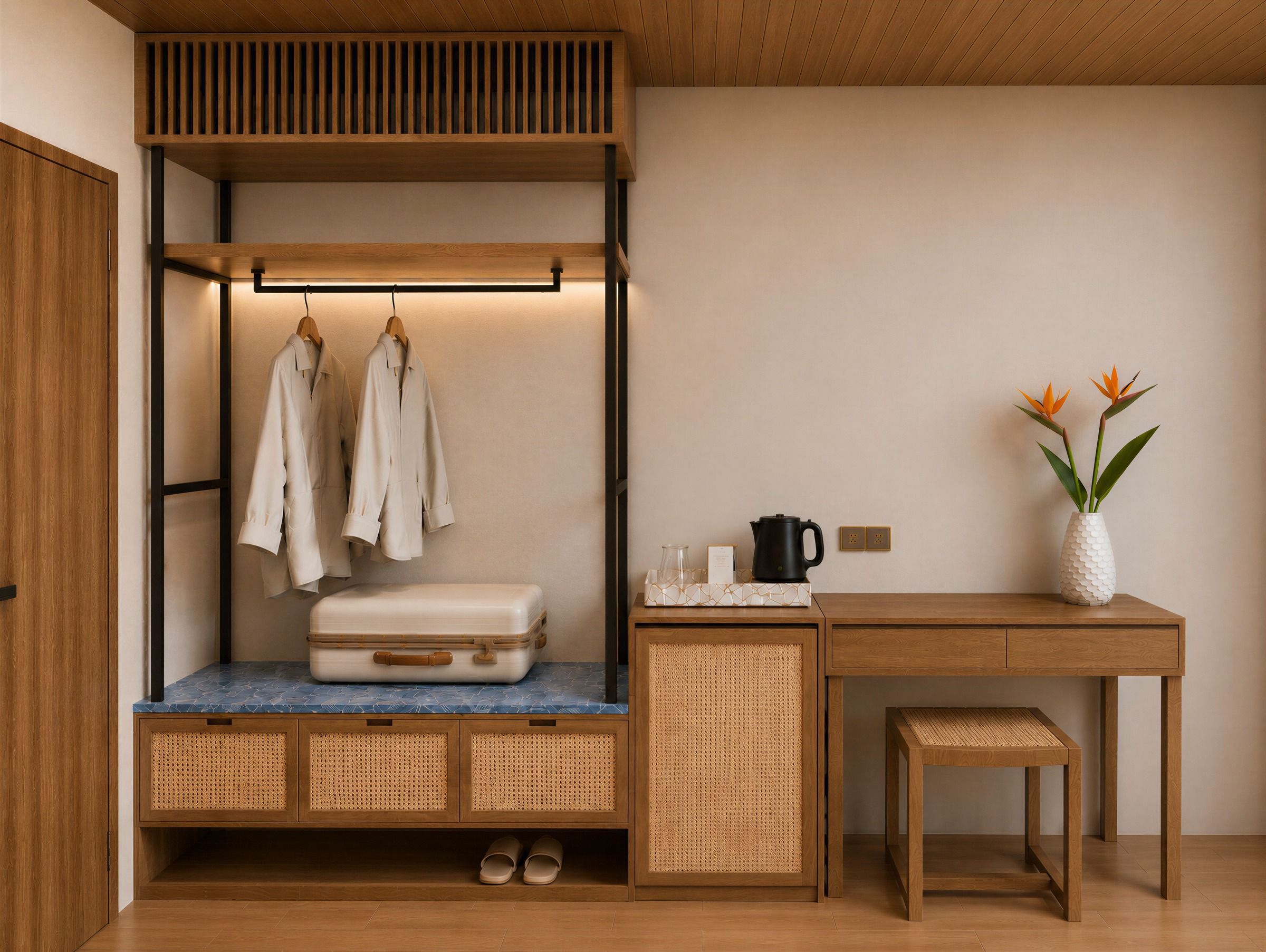 Modular timber wardrobe and writing desk